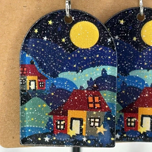 Sparkling 2D Acrylic Dangle Earrings Night View Fashion Jewelry - Picture 3 of 3